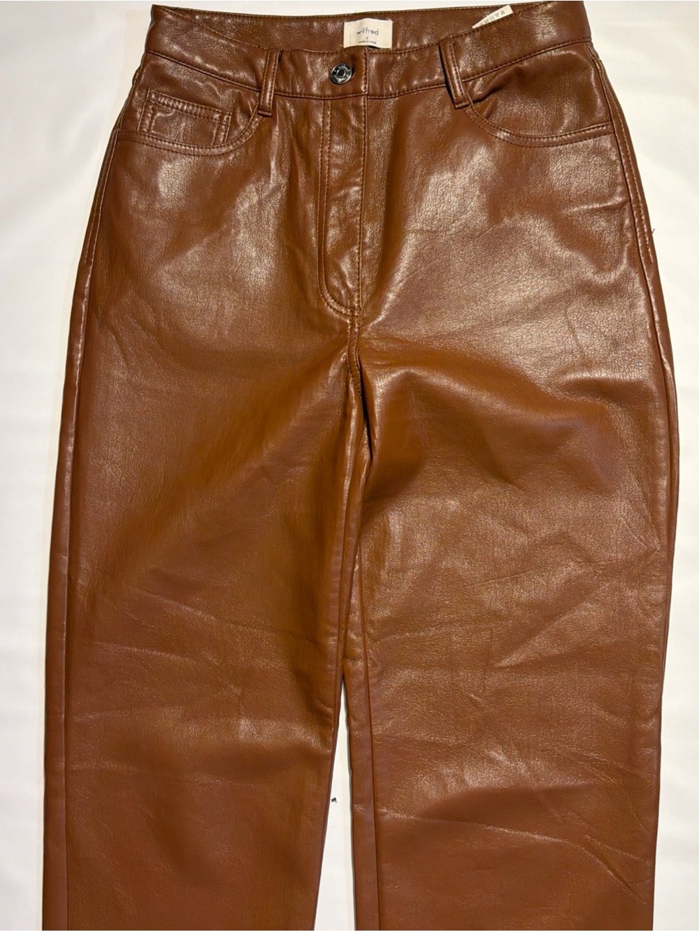 Wilfred Brown Vegan Faux Leather Straight Leg Pants High Rise Sz 8 30” Inseam